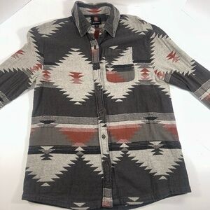 Mountain & Isle Mens‎ Small Dark Grey Multi Southwestern Tribal Flannel Shirt